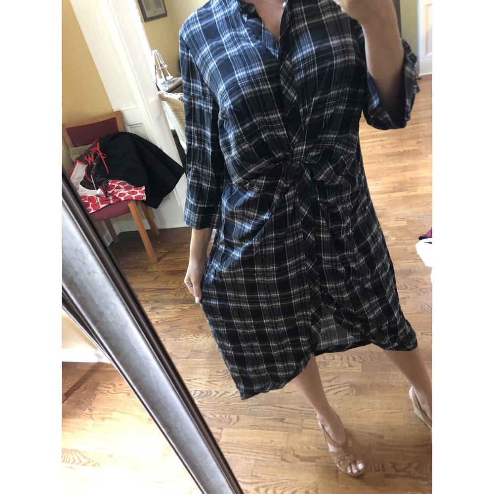 Roamans 16W White Black Tartan Plaid Midi Dress Twist Front 3/4 Sleeve XL NEW